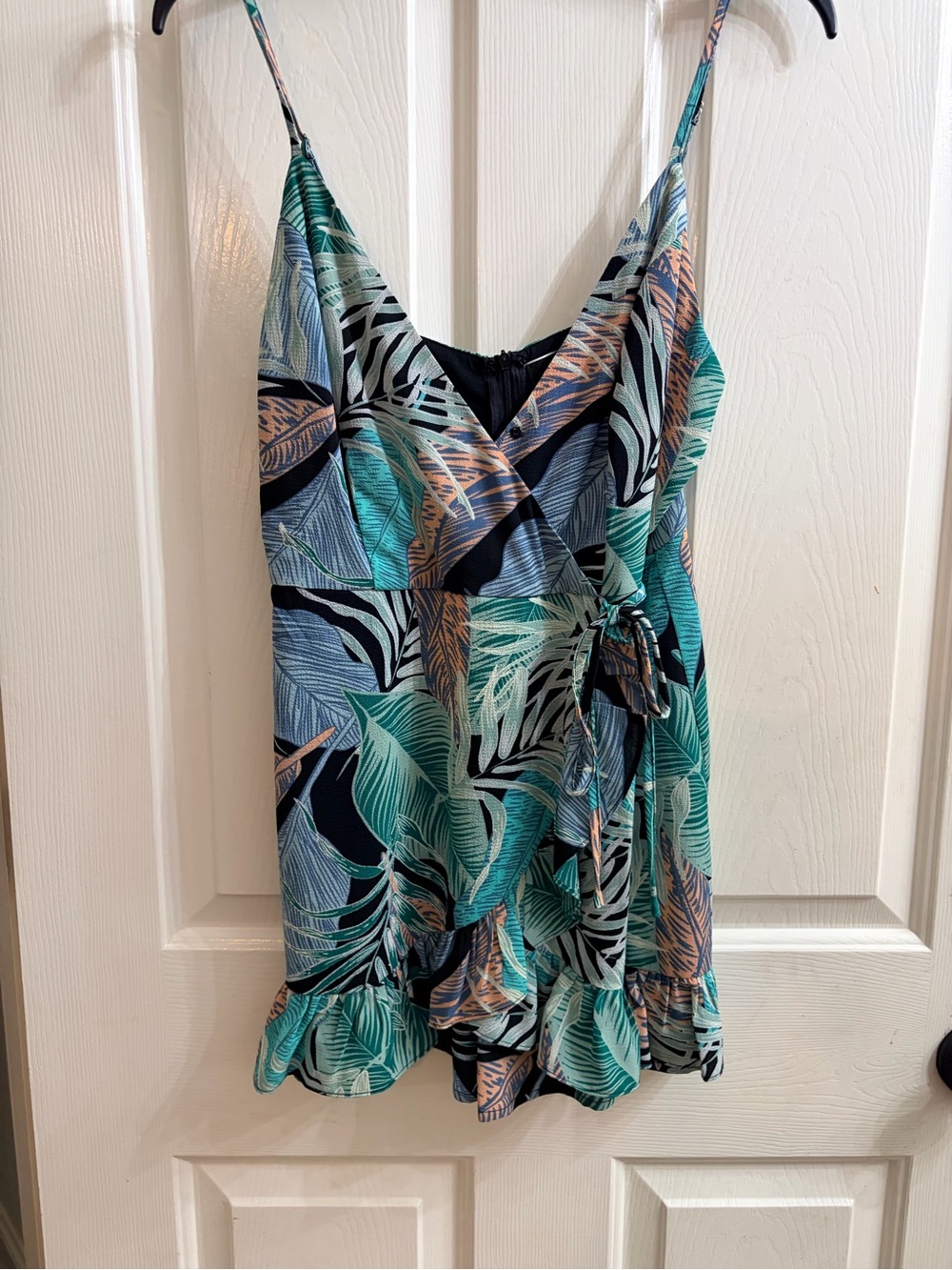 Blue Blush Tropical Wrap Romper in Teal, Navy & Blush